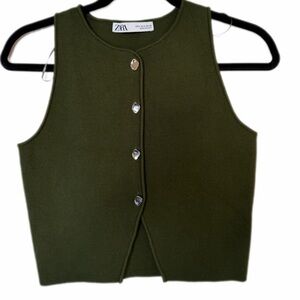 Zara Khaki Green Sleeveless Button Vest-Preowned